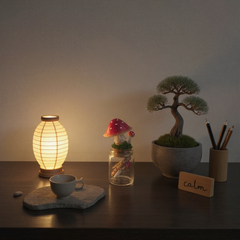 Decorative setup with a lit lantern, cup, mushroom figurine, bonsai tree, and 'calm' sign on a wooden surface.