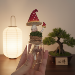 Small decorative gnome in a jar held by a hand, with a softly lit background