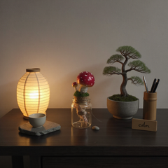 Decorative items including a paper lantern, small tree, and plants on a table with a warm glow.
