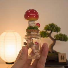 Hand holding a small glass jar with decorative mushrooms against a warm background