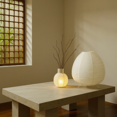 Two paper lanterns on a wooden table with a window in the background